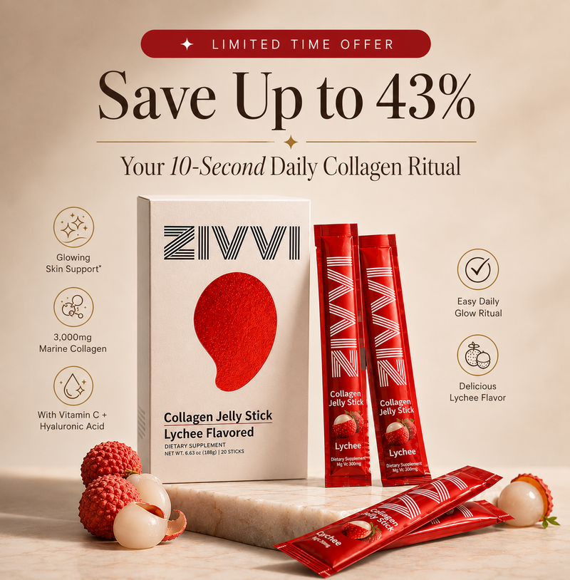 ZIVVI collagen jelly stick packaging with promotional text on a beige background