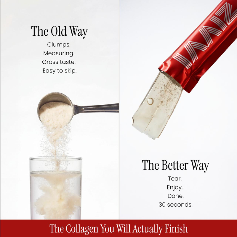 Comparison of traditional collagen powder method and a new, easier method with ZIVVI jelly stick on a white background.