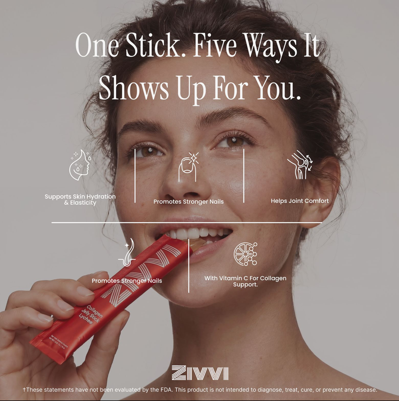 Woman holding a red ZIVVI collagen jelly stick with text about its benefits on a gray background