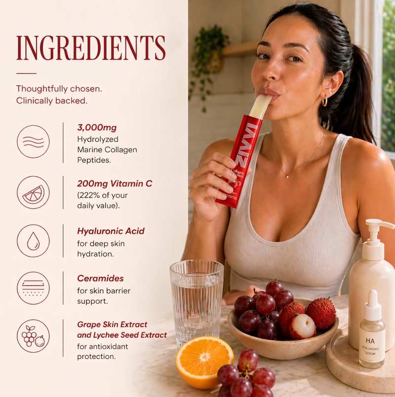 Woman eating a ZIVVI collagen jelly stick supplement with ingredients listed on the left