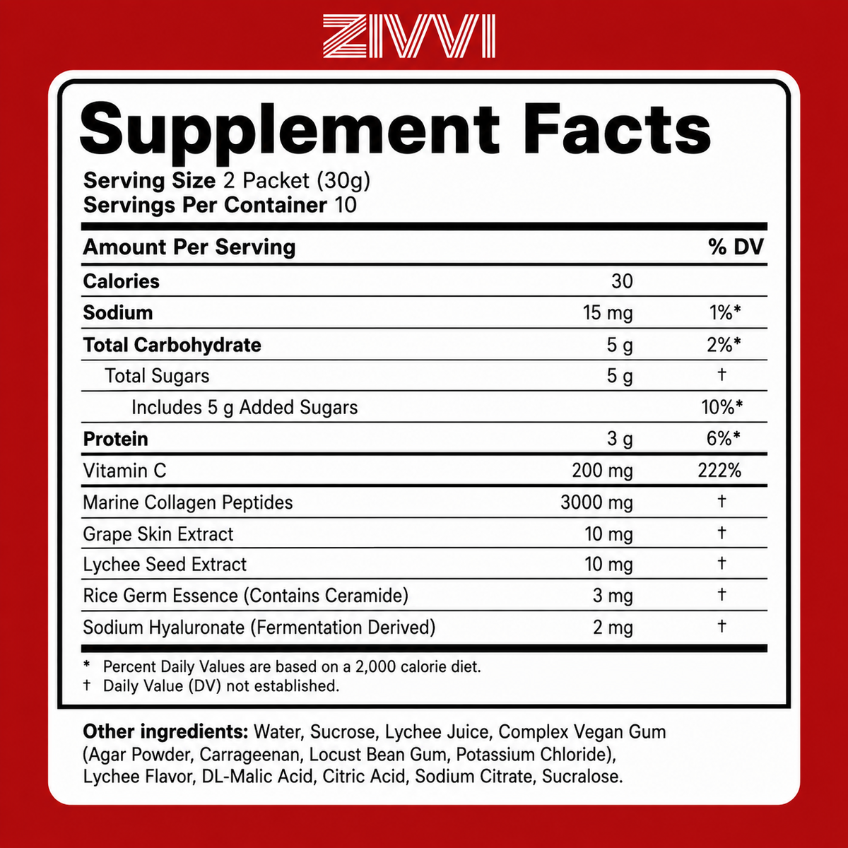 Supplement facts label for ZIVVI collagen jelly stick on a red background