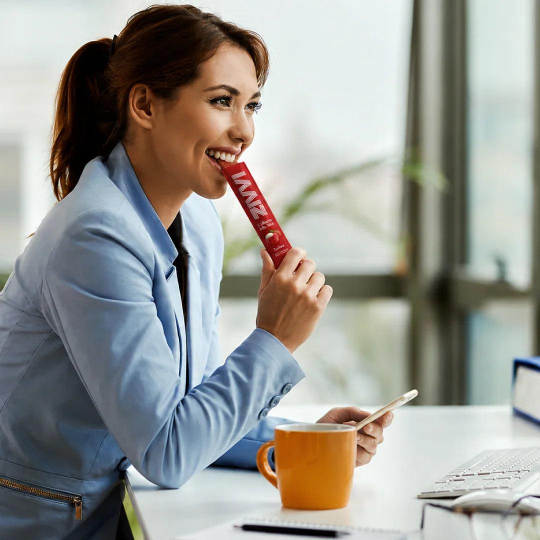A woman swapping her afternoon coffee ritual for a Zivvi jelly stick