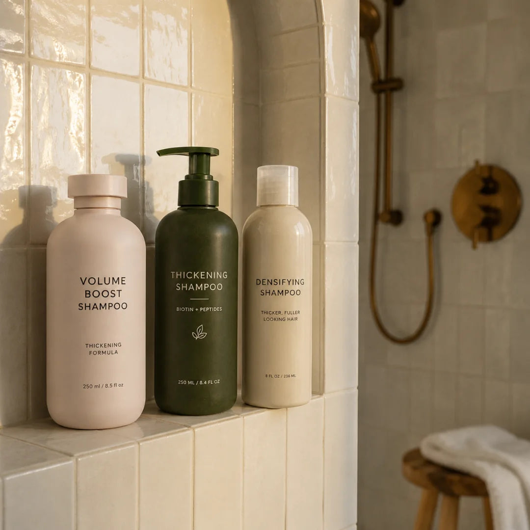 A shower shelf with volumizing and thickening hair products