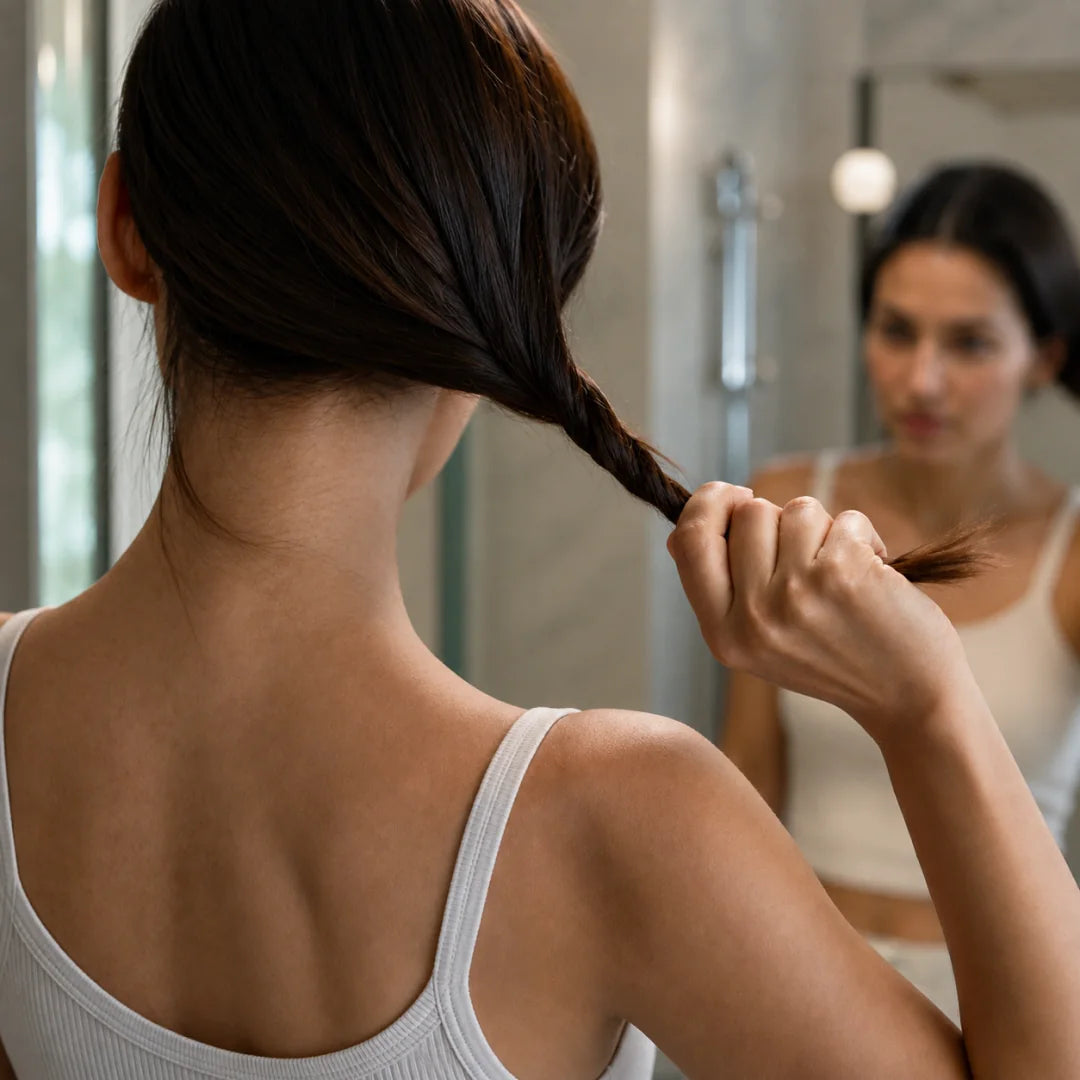A woman checking the appearance of her ponytail in a mirror