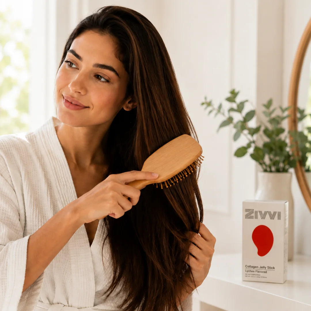 A woman brushing her healthy-looking hair beside a Zivvi box