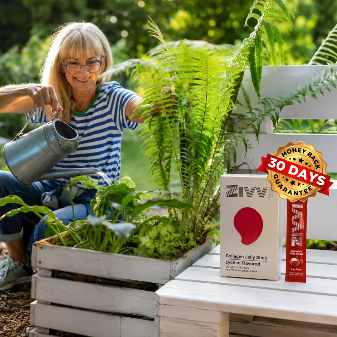 An active woman gardening beside Zivvi and its 30-day guarantee