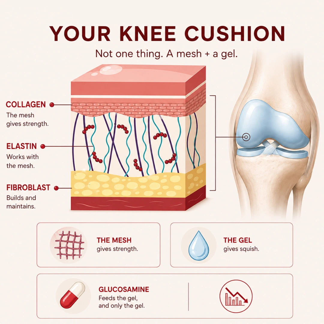 Diagram explaining the collagen and gel structure of the knee cushion