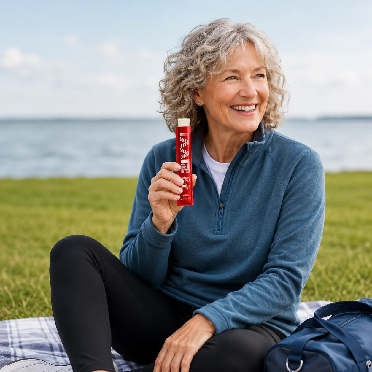 Woman holding a Zivvi collagen jelly stick beside a lake