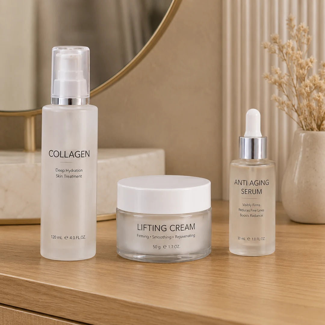 Skincare bottles and firming cream arranged on a vanity