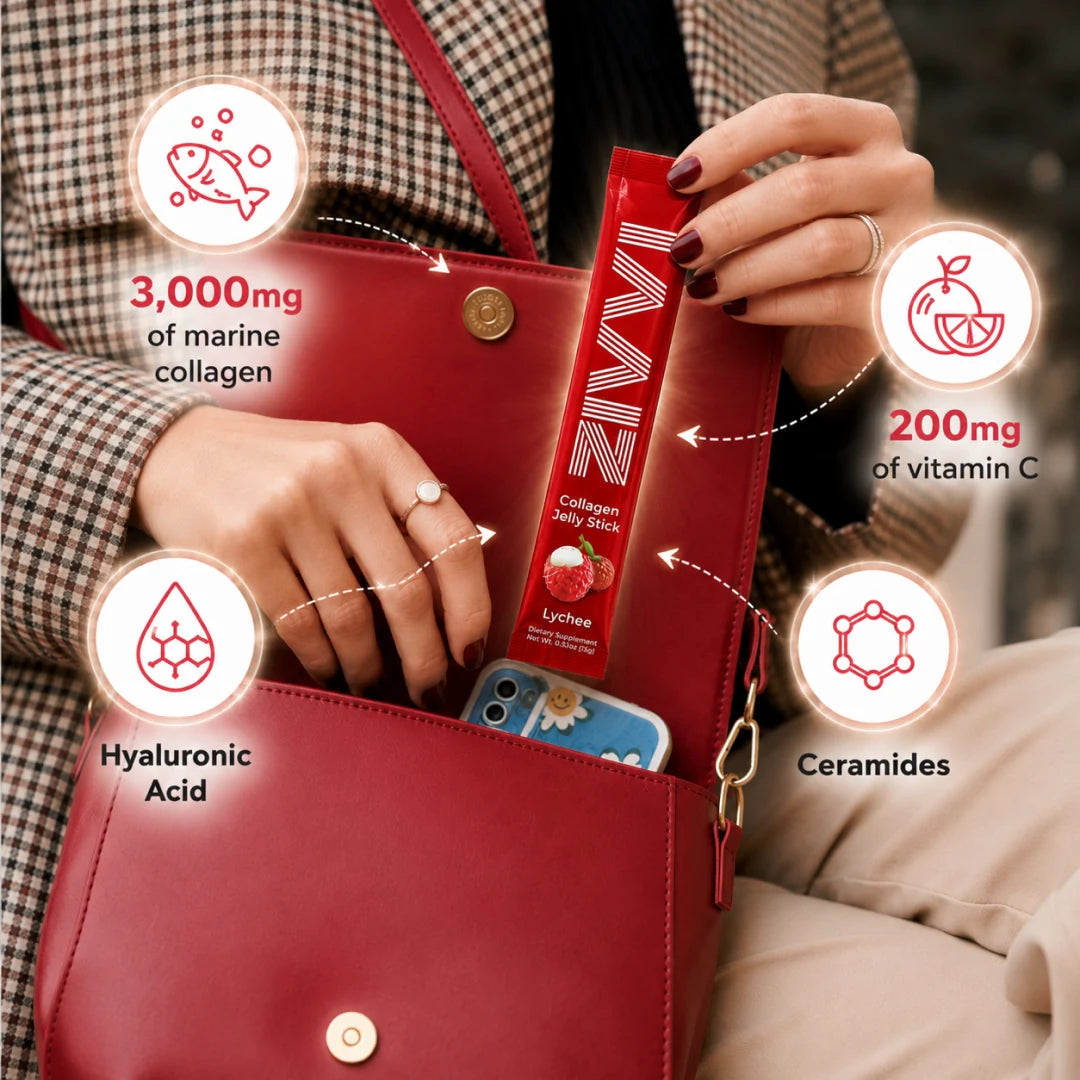 Zivvi jelly sticks in a handbag with formula ingredient callouts