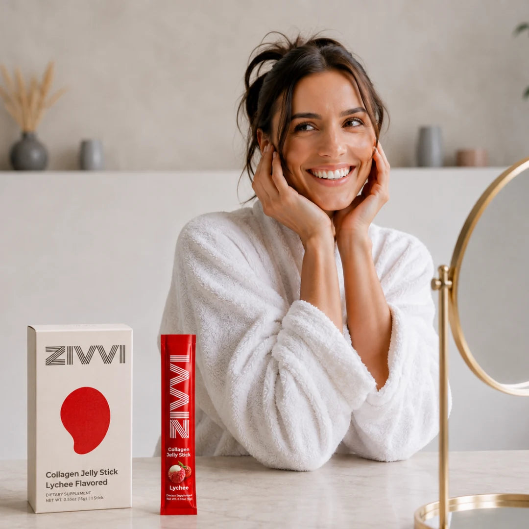 A smiling woman beside a Zivvi box and collagen jelly stick