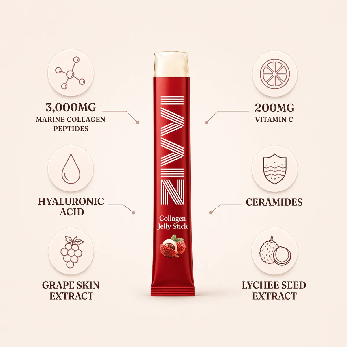 ZIVVI jelly stick surrounded by its six ingredients